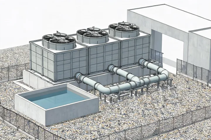 Schematic plot of cooling tower cells, basin and intake clearance, not a published street map
