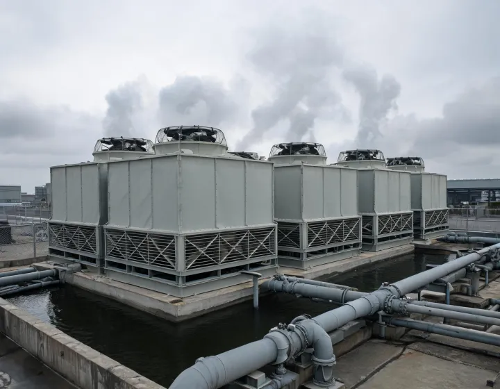 Induced-draft industrial cooling tower cells on a process plant basin